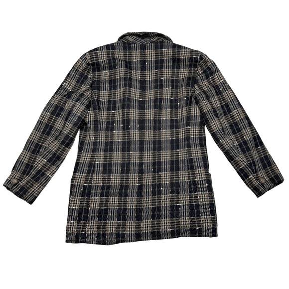 Vintage Jaeger Plaid Blazer Black Tan Wool Blend Sparkle‎ Button Jacket Women M - Picture 3 of 10